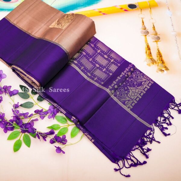 Handloom soft silk Butta Saree in violet with gray - Image 2