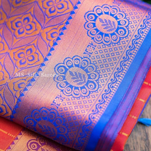 Semi silk  Fancy orange colour blue border full jari work - Image 3