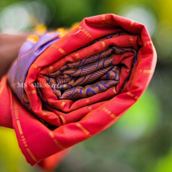 Semi silk  Fancy orange colour blue border full jari work - Image 5