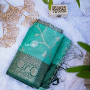 Pure Handloom Dark green with blue saree with golden border