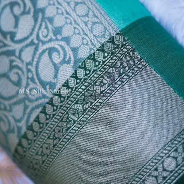 Pure Handloom Dark green with blue saree with golden border - Image 3