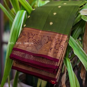 Pure Handloom Dark green saree with golden border
